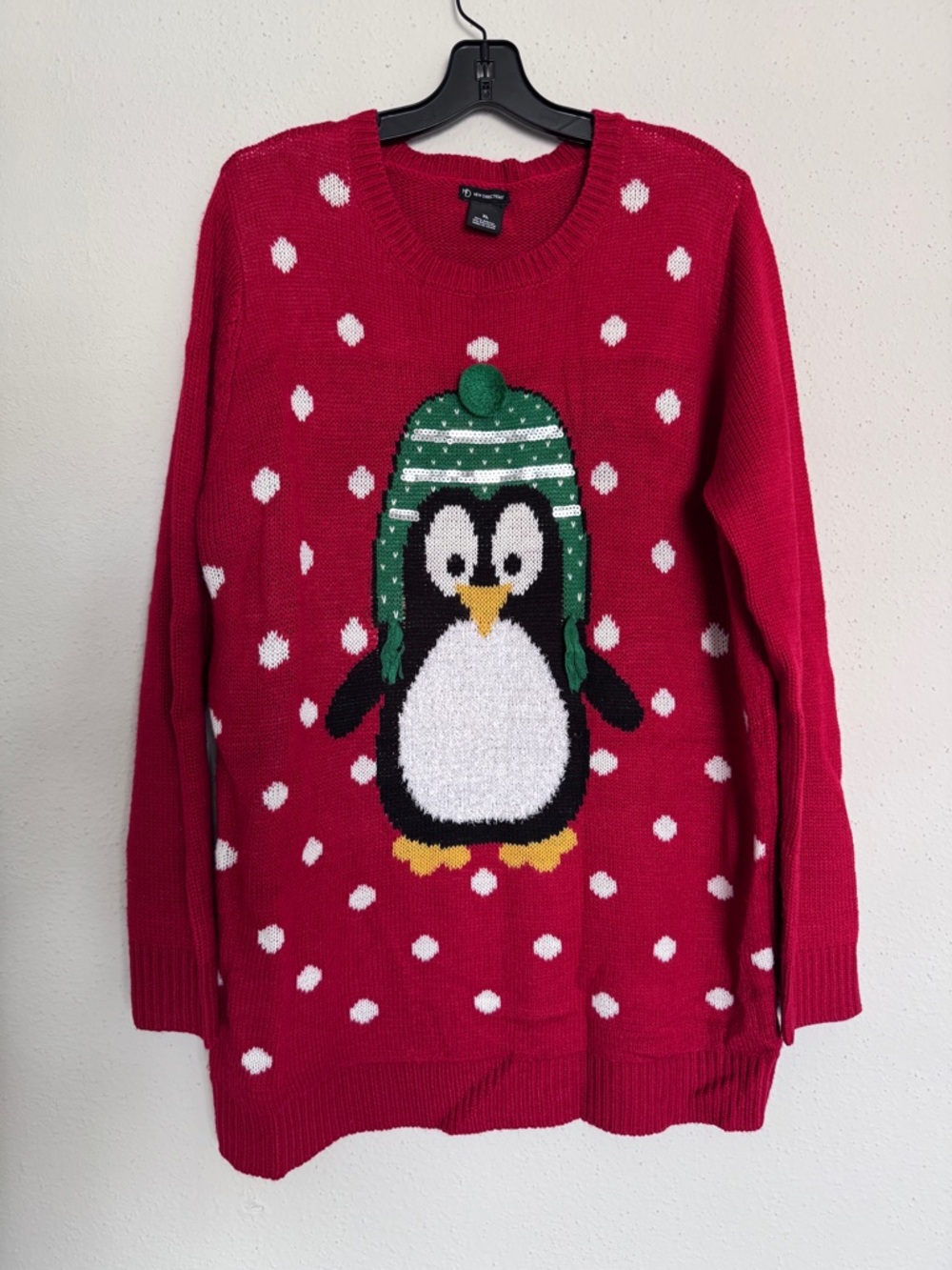 ND New Directions Red Polka Dot Penguin Sequin Ugly Christmas Sweater Size XL
